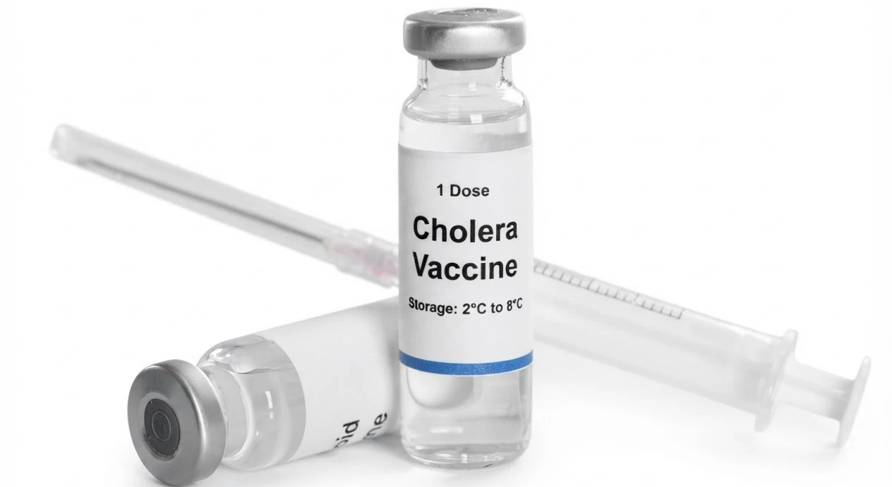 A vial of cholera vaccine beside a syringe