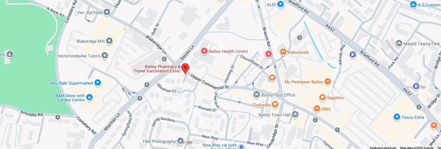 Map showing Batley Pharmacy & Travel Vaccination Clinic on Upper Commercial Street, Batley