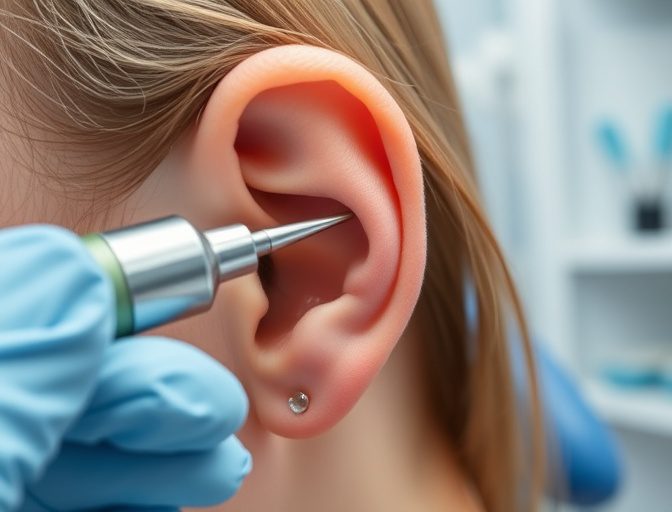 An ear being examined with a medical otoscope
