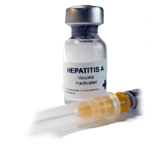 A vaccine vial beside a syringe