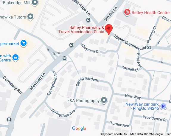 Map showing Batley Pharmacy & Travel Vaccination Clinic on Upper Commercial Street, Batley (opens Google Maps)