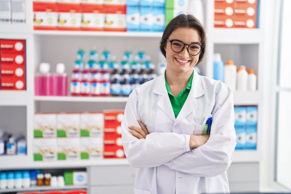 Smiling pharmacist with folded arms in front of pharmacy shelves